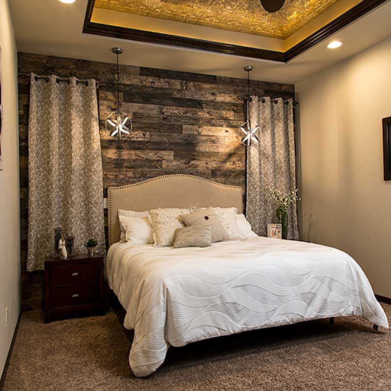 Rustic Grove's Mixed Brown wood planks on bedroom wall
