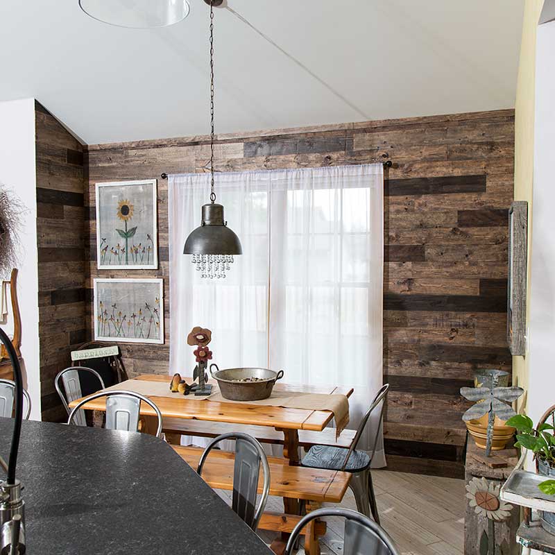 Rustic Grove's Mixed Brown wood planks on kitchen wall